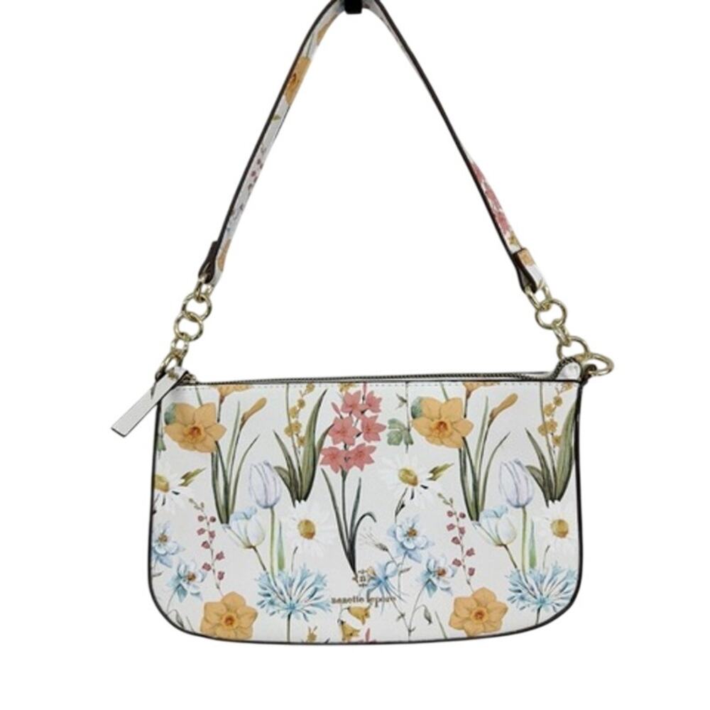 Nanette Lepore Floral Botanical Shoulder Bag Gold Chain White Multicolor